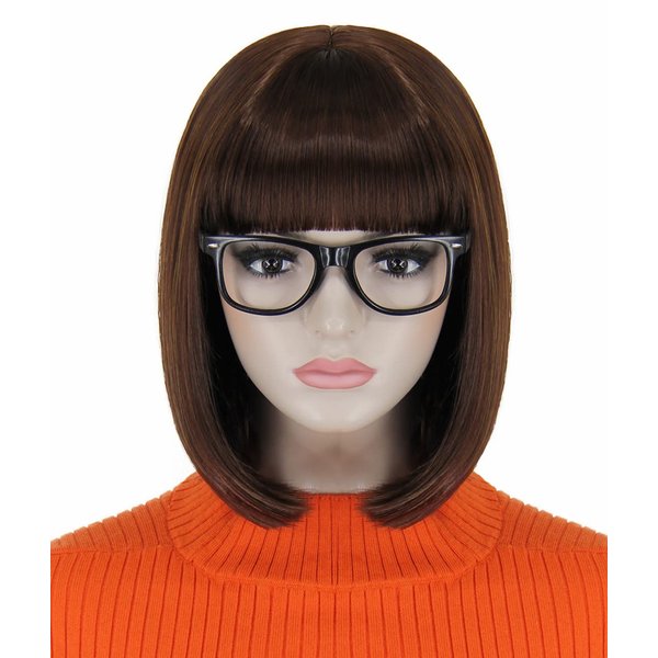 Bopocoko Brown Bob Wigs for Velma Costume Women Girls with 1*Black Glasses Short Bob Hair Wig with Bangs Natural Cute Synthetic Colorful Wigs for Party Halloween BU027DBR