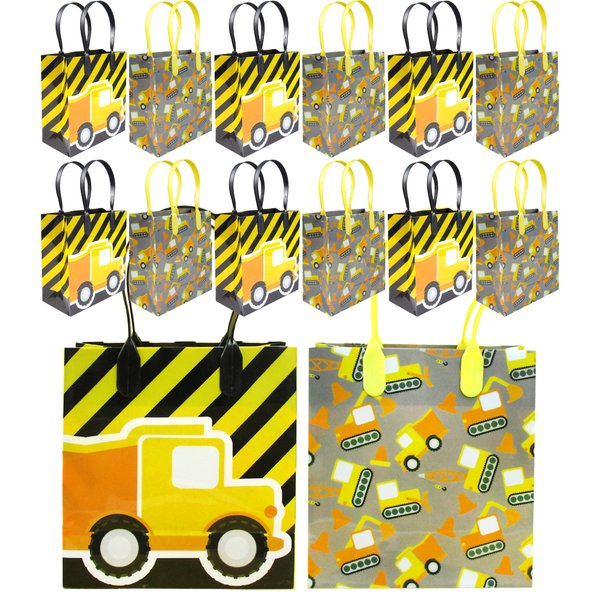 Tiny Mills Construction Truck Party Favor Bags Treat Bags with Handles, Garbage Truck Excavator Birthday Party Goodie Bags Candy Bags for Toddler Birthday Party, Pack of 12