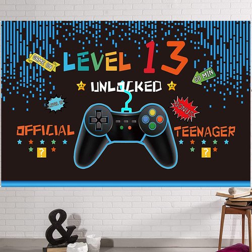 13th Birthday Backdrop Banner Video Game Decorations for Boys Level 13 Birthday Backdrop Decorations 13 Years Official Teenager Birthday Party Supplies
