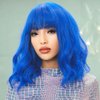 LOSMOEER Blue Wig with Bangs Short Wavy Wigs for Women Shoulder Length Curly Bob Wigs Heat Resistant Synthetic Wigs for Halloween Cosplay Daily Party Use