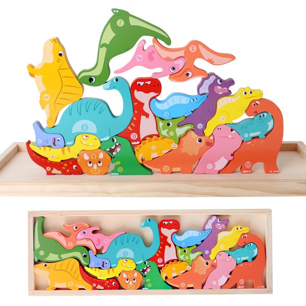 Dinosaur Toys for Kids 1-3 Wooden Stacking Blocks Montessori Toys, Balance Competition Games, Customized Birthday Gifts for Baby Boys and Girls for 4 5 Year Olds