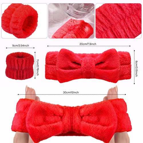 Hanaive 3 Pcs Face Wash Headband Wristband Set for Women SPA Bow Headbands Soft Facial Makeup Headband for Washing Face Shower Skin Care Hair Supplies(Red)