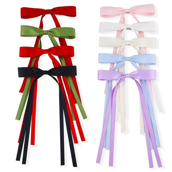 9Pcs Hair Bow Ribbon for Women Girls Teens Black Red Pink Hair Clips Satin Bowknot Barrettes Cute Tassel Ribbon Bow Hair Clips with Long Tail Aesthetic White Ponytail Holder Toddlers Hair Accessories