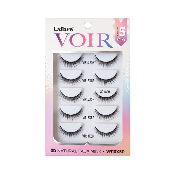 Laflare 3D Nature Faux Mink VOIR Eyelashes, Ultra Soft, Light, Wispy, Knitted, Natural Looking, Reusable, Professional Easy to Apply Eyelashes 5 Pairs Value Pack (VR13X5P)