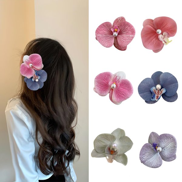 Boxkat 6 Pcs Phalaenopsis Flower Hair Clips Realistic Butterfly Orchid Floral Alligator Side Bangs Clip Hairpins Hair Styling Accessories for Women Girls