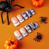 24Pcs Halloween Press on Nails Short Square Fake Nails French Skulls False Nails Full Cover Cute Acrylic Nails Blue Purple Cobwebs Deigns Artificial Nails Glossy Glue on Nails for Women and Girls