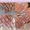 Spring Nail Art, 7Boxes Holographic Flower Nail Charms 3D Pink White Flower Bow Gold Butterfly Nail Art Design Manicure DIY Decoration for Acrylic Nails