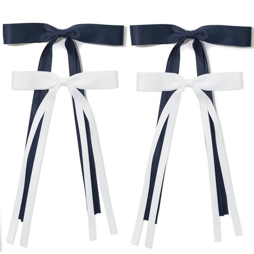 Ambesi Ribbon Hair bow Hair Clips, White Navy Blue Long Tail French hair Bows, Hair Clips Tassel Ribbon Bowknot for Women Girl, Bow Hair Barrette Dress Up Accessories for Birthday/Party/Show/Christmas