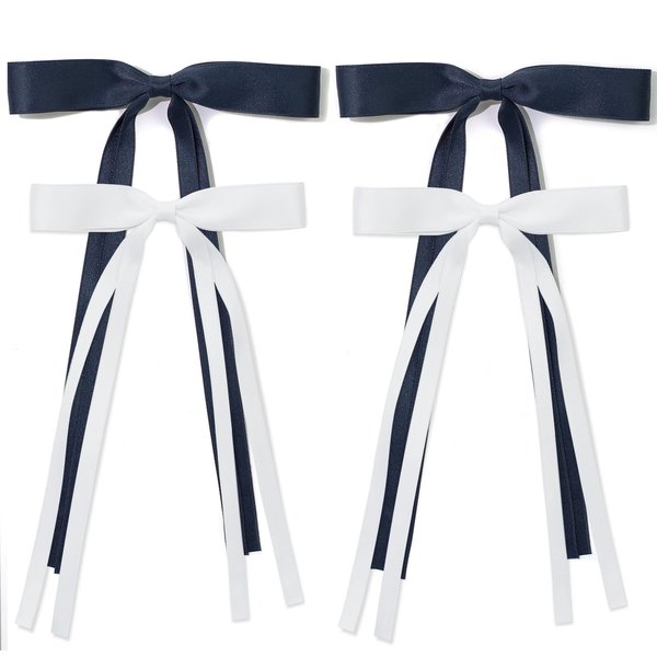 Ambesi Ribbon Hair bow Hair Clips, White Navy Blue Long Tail French hair Bows, Hair Clips Tassel Ribbon Bowknot for Women Girl, Bow Hair Barrette Dress Up Accessories for Birthday/Party/Show/Christmas