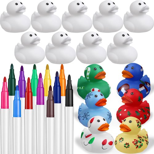 Jerify 24 Pcs 2 Inch White Blank Rubber Ducks Creative Rubber Ducks with Pens of 12 Colors for Pool Bathtub Float Cute Ducks Christmas DIY Ducks Birthday Gifts Baby Party Favors Accessories for Kids