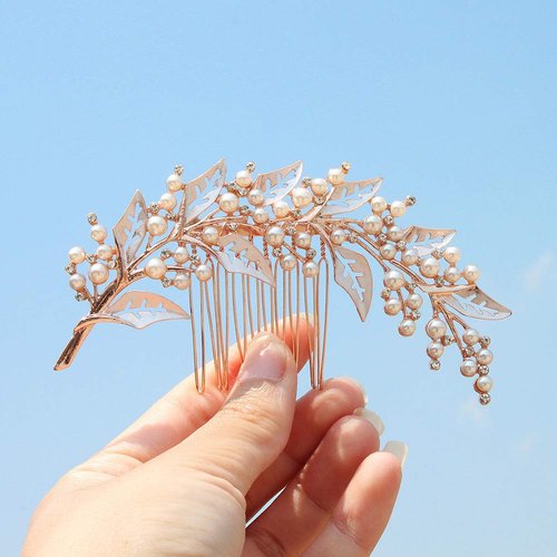 fxmimior Wedding Flower Leaf Silver Gold Hair Comb Bridal Hair Accessories for Bride and Bridesmaids Navy Blue Wedding Hair Piece Women Crystal Hair Clip Hair Jewelry for Wedding,Party and Prom (Rose gold)