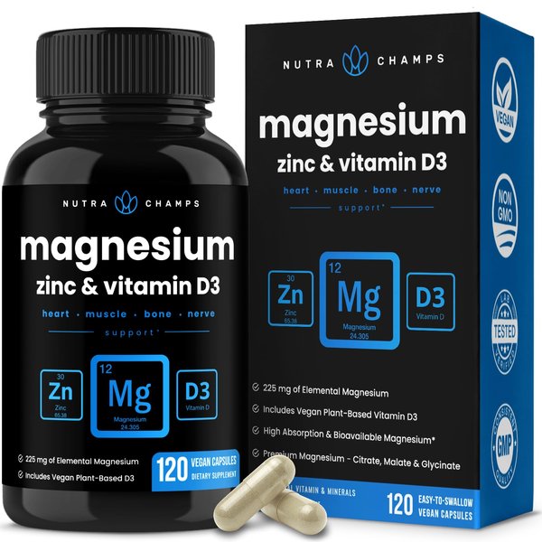 NutraChamps Magnesium Zinc & Vitamin D3 Supplement - Most Bioavailable Forms; Magnesium Glycinate, Malate, Citrate - Bone, Muscle & Heart Health, Immune Support - 120 Vegan Capsules