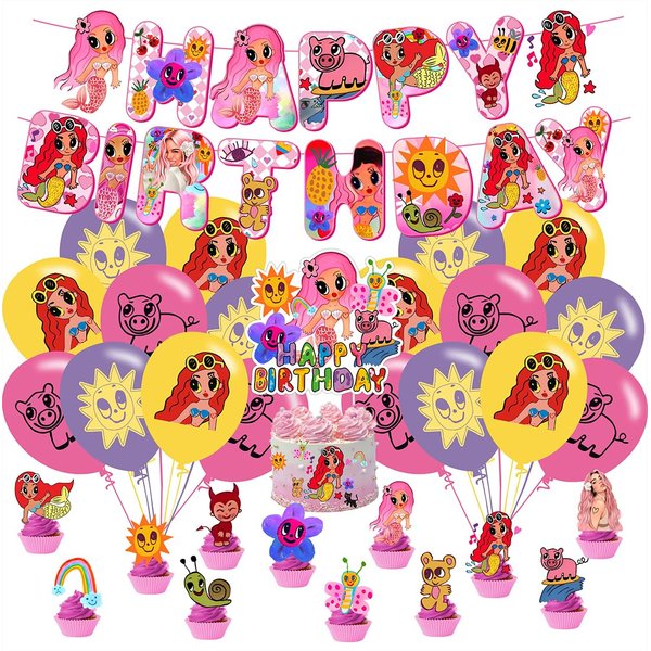 Cartoon girl Birthday Decorations, Cartoon girl Party Supplies Include Happy Birthday Banner, Cake Topper and Cupcake Toppers, Balloons for Kids Party Decor