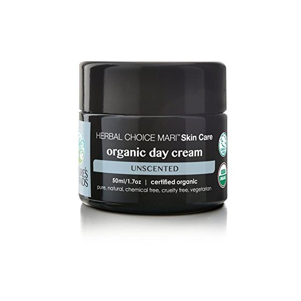 Organic Day Cream (Unscented) by Herbal Choice Mari; 1.7 Fl Oz Glass Jar; Moisturizer for All Skin Types