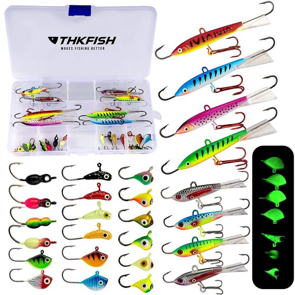 THKFISH Ice Fishing Lures Ice Fishing Jigs Ice Fishing Gear Hard Fishing Lures Ice Fishing Kit Crappie Panfish Jigs 26pcs