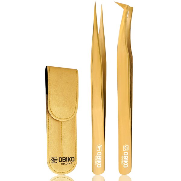 Obiko Eyelash Extension Tweezers Set 2 Piece Golden Straight And Curved Lash Tweezer Set For Women,Ideal For Precise Application And Correction