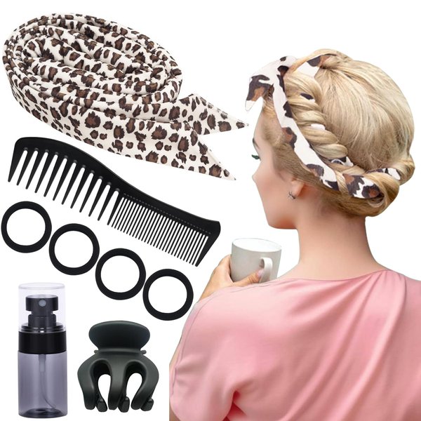 Heatless Curls Overnight Hair Curlers to Sleep in 8PCS Heatless Curlers for Long Hair Women Heatless Curling Rod Headband Set Soft Velour No Heat Blowout Hair Rollers (Leopard print-8-Velvet)