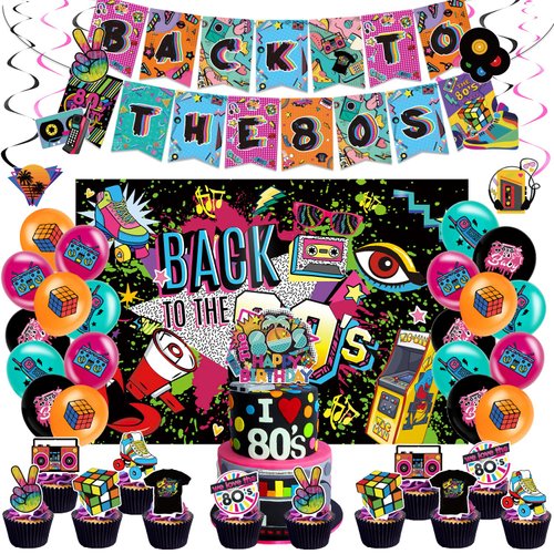 41pcs 80s Party Decorations Include Party Banner-Backdrop- Cupcake Toppers - Cake Top - Hanging Swirl - Balloons Festivals Party Supplies