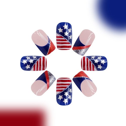 24Pcs USA Flags Independence Day Press on Nails Short Square French Tips Fake Nails with Glitter Five-Pointed Star Design Acrylic Glue on Nails Reusable Stick on Nails for Women DIY Manicure