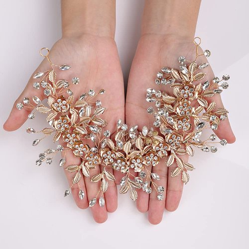 YERTTER Wedding Bridal Big Flower Vine Leaf Hair Band Rhinestone Headband Flowaer Wedding Head Pieces for Bride Bridesmaid Flower Girl Wedding Prom Brithday Party (Gold)