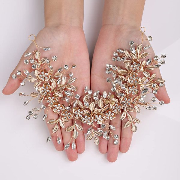 YERTTER Wedding Bridal Big Flower Vine Leaf Hair Band Rhinestone Headband Flowaer Wedding Head Pieces for Bride Bridesmaid Flower Girl Wedding Prom Brithday Party (Gold)