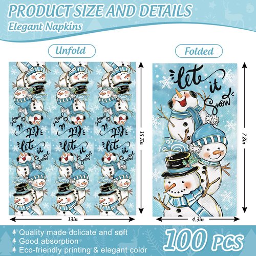 JarThenaAMCS 100Pcs Christmas Guest Napkins Blue Watercolor Snowman Disposable Paper Napkins Dinner Hand Napkins for Winter Xmas Party Supplies Table Decor