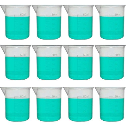 50ml Plastic Beaker, Low Form, Reusable, Polypropylene, Molded Graduations (Pack of 12)