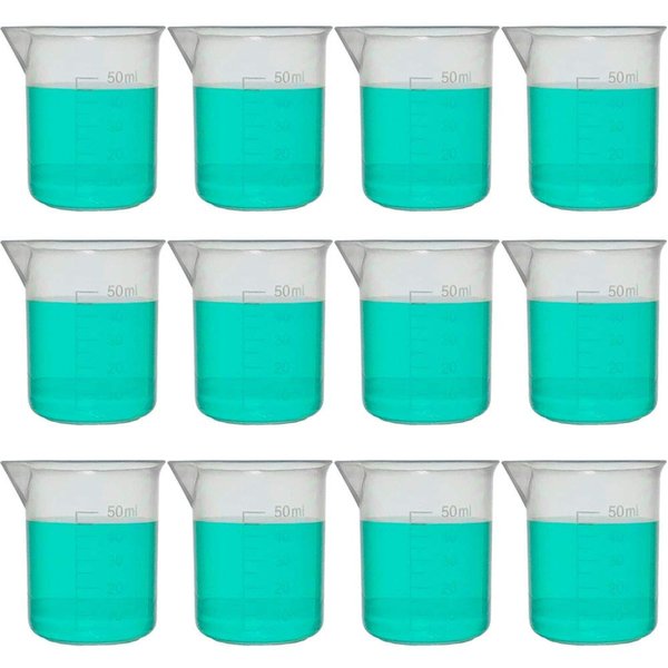 50ml Plastic Beaker, Low Form, Reusable, Polypropylene, Molded Graduations (Pack of 12)