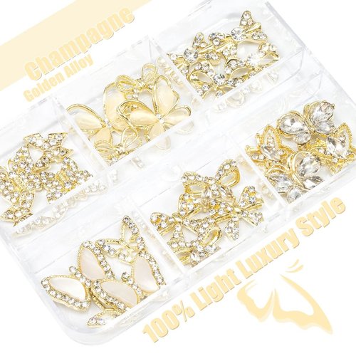 qiipii 32 Pcs Butterfly Nail Charms Gold Butterflies Charms for Nails Bow Nail Crystals Diamonds Rhinestones 3D Alloy Luxury Nail Gems Cute Nail Art Supplies for Acrylic Nails Decoration Crafts DIY