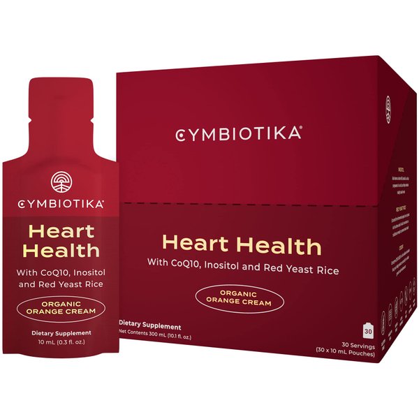 CYMBIOTIKA Heart Health Supplement with CoQ10, Red Yeast Rice & Inositol, Gluten Free Supplements to Support Circulation & Aging, Organic Orange Cream Flavor, 30 Pack
