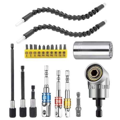 MXiiXM Flexible Drill Bit Extension & Universal Socket Wrench Tool Set, 105° Right Angle Drill Attachment, 1/4 3/8 1/2" Universal Socket Adapter Set, 3Pcs Screwdriver Bit Holder & Screwdriver Bit Kit