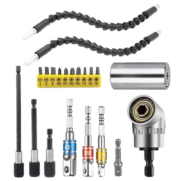 MXiiXM Flexible Drill Bit Extension & Universal Socket Wrench Tool Set, 105° Right Angle Drill Attachment, 1/4 3/8 1/2" Universal Socket Adapter Set, 3Pcs Screwdriver Bit Holder & Screwdriver Bit Kit