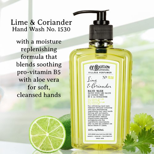 C.O. Bigelow Hand Wash Lime Coriander, Village Perfumer Moisturizing Soap Wash for Bathroom & Kitchen with Aloe Vera and Pro-Vitamin B5, 10 fl oz
