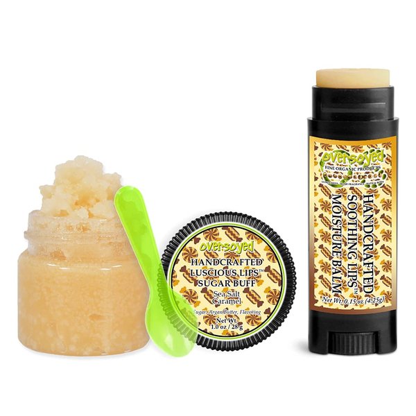 Sea Salt Caramel Soothing & Luscious Lips by OverSoyed Exfoliator & Chapped Lip Repair Lip Care Combo | Artisan Handcrafted to Order Salty Sweet Burnt Sugar Cream Flavored Exfoliating Sugar Lip Scrub & Lip Moisturizer Balm Gift Set