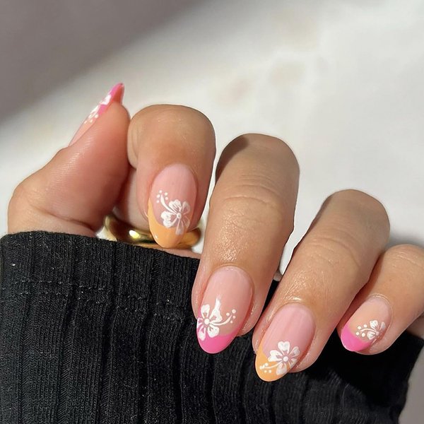 French Tip Press on Nails Short Almond SWEKKE Fake Nails Full Cover Flower False Nails with Designs Pink Yellow Nail Tip Glossy Glue on Nails Acrylic Nails Artificial Nails for Women Girls 24Pcs
