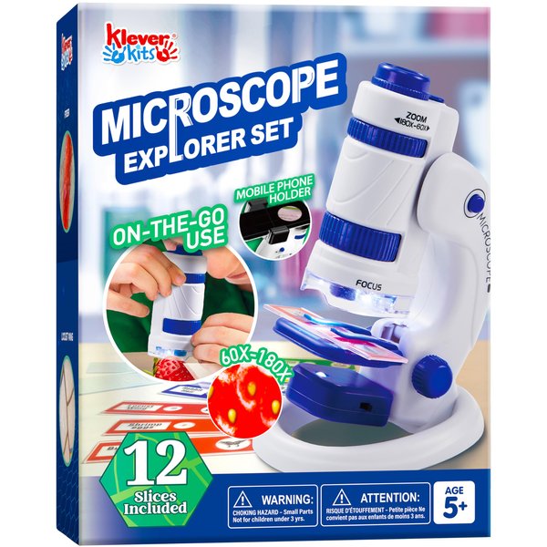 Klever Kits Microscope Explorer Set for Kids, 2 in 1 Science Experiment Toy with Portable Microscope and 12 Specimen Slides, 60X-180X, Educational Toys for Kids Aged 5+
