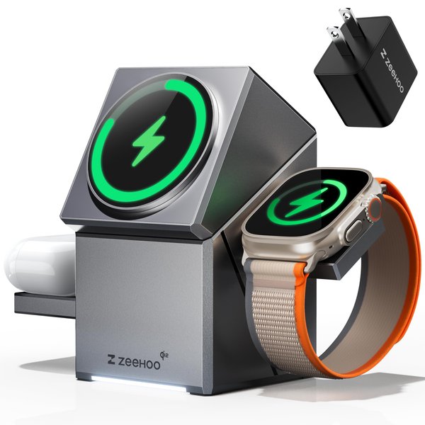 ZEEHOO 3 in 1 Charging Station for Apple MagSafe Charger, CubeTrick-X Qi2 15W Fast Wireless Charger Stand for Apple Watch, for iPhone 16,15,14,13,12 Series, AirPods (Metal Gray)