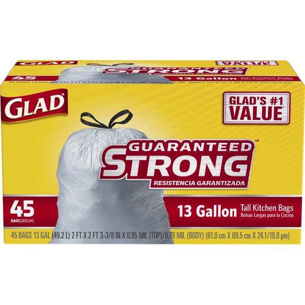 Glad Trash Bags, Tall Kitchen Drawstring Garbage Bags, 13 Gallon, 45 Count