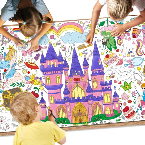 Giant Coloring Poster,35x72Inch Princess Party Activity Drawing Paper Coloring Table Cover,DIY Princess Coloring Tablecloth Art Crafts Coloring Sheet for Kids,Home Classroom Party Decorations Suppiles