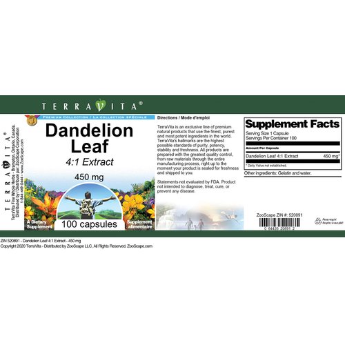 Terravita Dandelion Leaf 4:1 Extract - 450 mg (100 Capsules, ZIN: 520891)