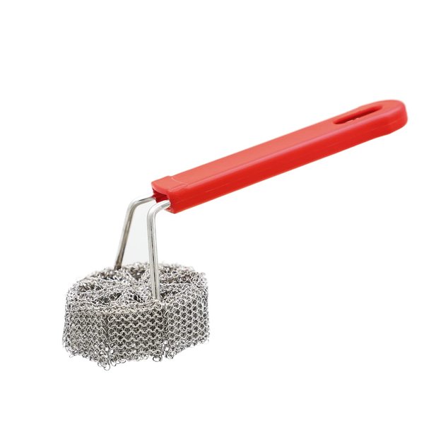Cast Iron Chainmail Scrubber with Handle - Cleaner for Pans and Pots - Premium Stainless Steel/Silicone Scraper for Skillets - Ergonomic Food-Safe Design - Easy to Clean Cookware Dish Brush