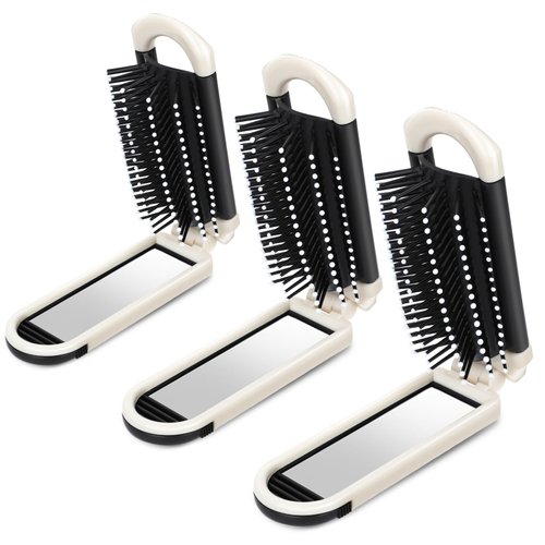 3 Pcs Travel Hair Brush with Mirror Folding Compact Mini Pocket Hair Brush for Women Foldable Small Hairbrush Travel Size Comb Mini Brush for Purse Travel Trip Gym Hair Styling Tools (Beige)