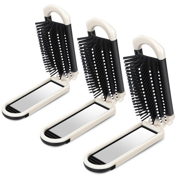 3 Pcs Travel Hair Brush with Mirror Folding Compact Mini Pocket Hair Brush for Women Foldable Small Hairbrush Travel Size Comb Mini Brush for Purse Travel Trip Gym Hair Styling Tools (Beige)