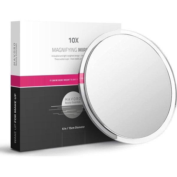 Mavoro Magnifying Mirror with Suction Cups - Triple Suction Cup Stick on Mirror with 10X Magnification. Portable Travel Makeup Mirror, Magnified Cosmetic Mirror (10X)