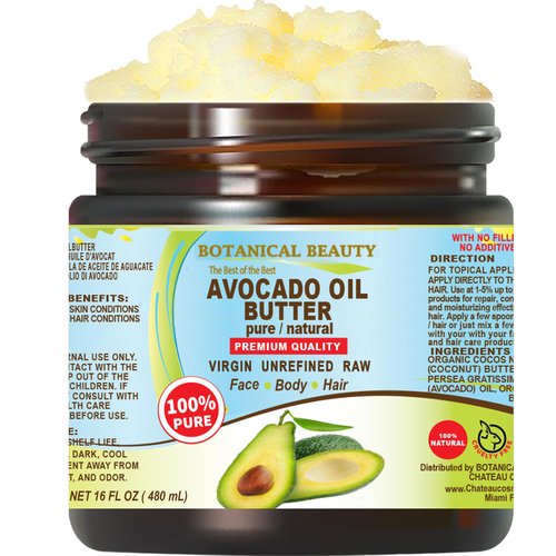 Botanical Beauty AVOCADO OIL BUTTER 100% Pure Natural VIRGIN UNREFINED Cold-Pressed 16 Fl oz 480 ml for Face, Skin, Body, Hair, Lip, Nails. Rich in Vitamin E, Omega 3, Omega 6