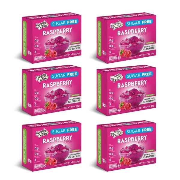 Simply Delish Plant Based Natural Raspberry Jel Dessert – 6 Pack – Zero Sugar, 0g Net Carbs, Gluten Free, Vegan, Diabetic & Allergen Free