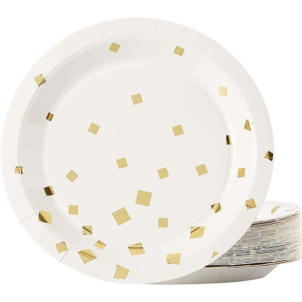 Juvale Gold Paper Plates - 48-Pack Gold Foil Square Confetti 9-Inch Disposable Plates, Gold Party Supplies, Appetizer, Lunch, Dessert Round Party Plates