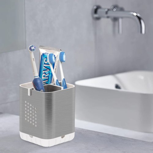 Boperzi Toothbrush Holder Toothpaste Organizer Drainage for Bathroom Vanity, Detachable Anti-Slip Brushed Nickel Toothpaste Storage Caddy 3 Slots with Drainage Holes for Makeup Brush Razor Stand
