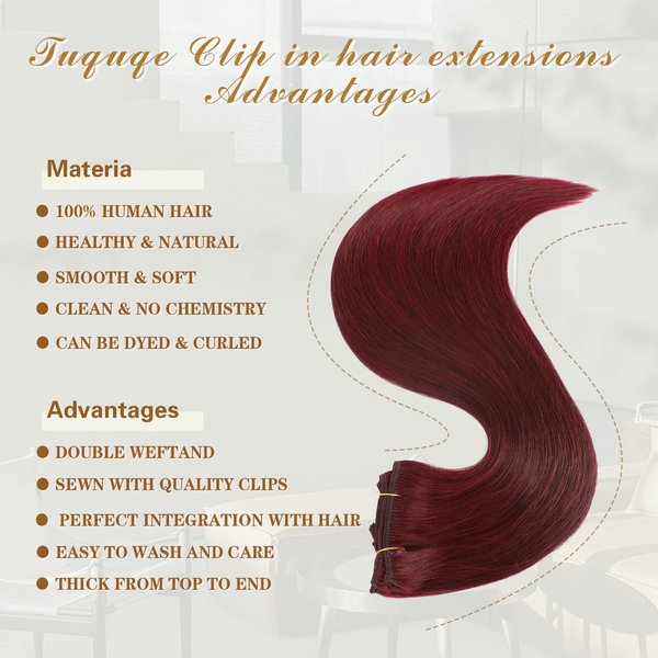 Clip in Hair Extensions Real Human Hair 20 Inch Wine Red 99J Seamless Clip in Hair Extensions Burgundy Human Hair 120g Full Head Silky Straight Long 7Pcs Human Hair Clip in Extensions for Black Women