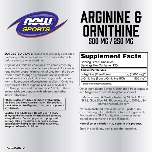 NOW Foods Sports Nutrition, Arginine & Ornithine 500/250 mg, Amino Acids, 250 Veg Capsules